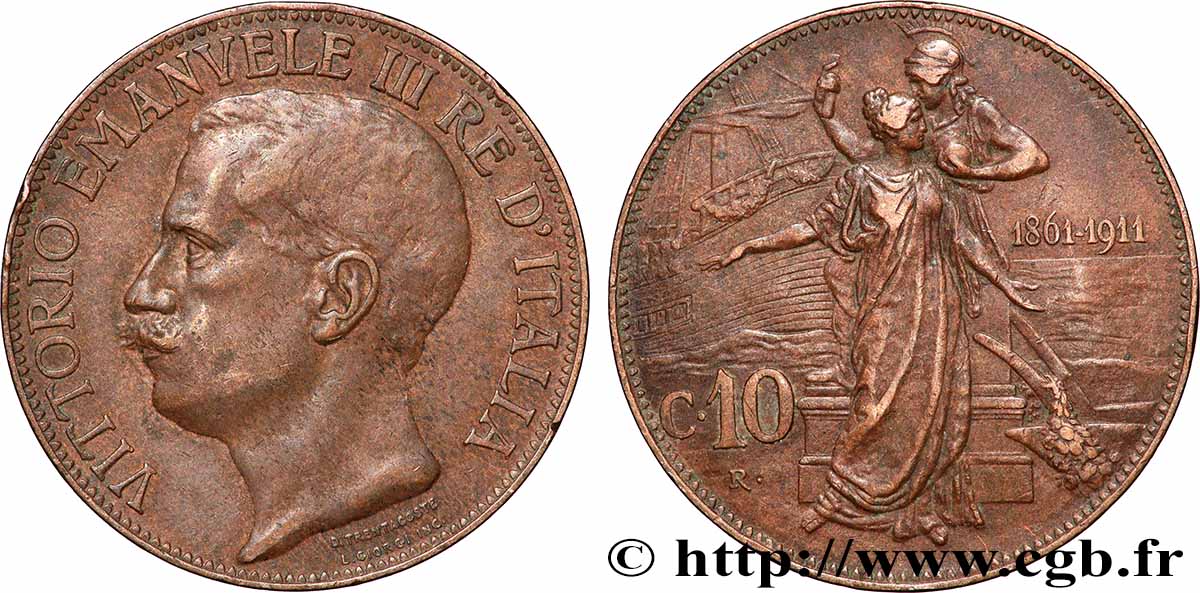 ITALY 10 Centesimi Victor Emmanuel III - 50e anniversaire de l’Unité Italienne 1911 Rome XF