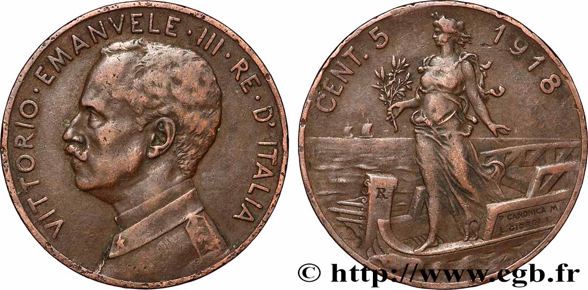 ITALIE 5 Centesimi Victor Emmanuel III 1918 Rome TB+