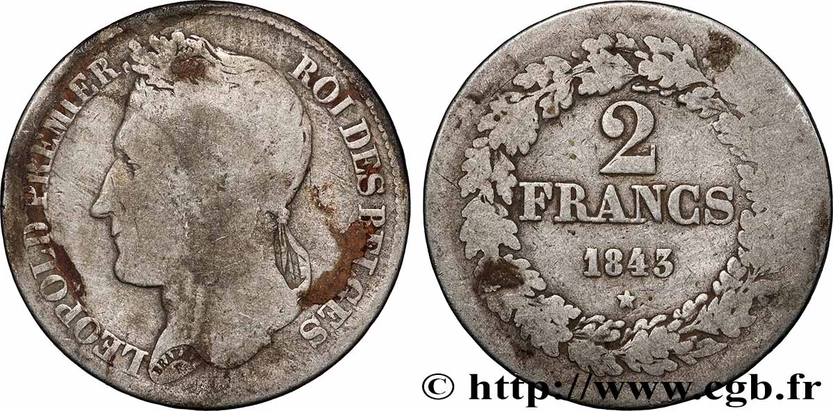 BELGIQUE - ROYAUME DE BELGIQUE - LÉOPOLD Ier 2 Francs tête laurée 1843 Bruxelles MB