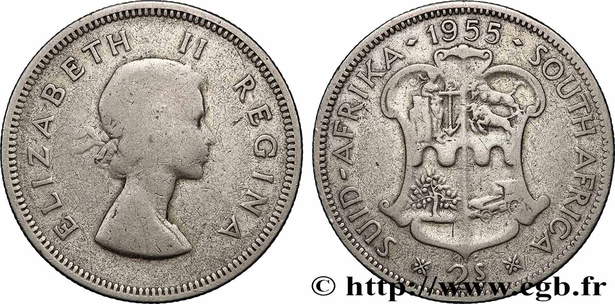 AFRIQUE DU SUD 2 Shillings Elisabeth II 1955 Pretoria TB