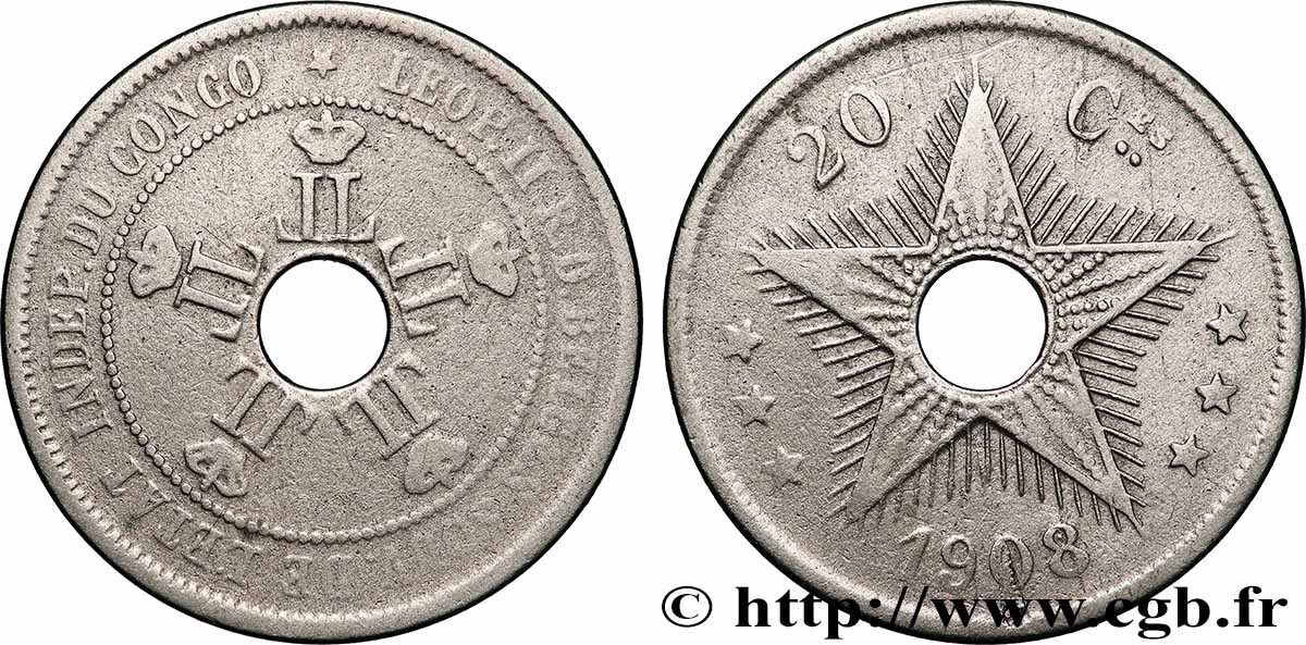 CONGO - ÉTAT INDÉPENDANT DU CONGO 20 Centimes Léopold II 1908 Bruxelles TB