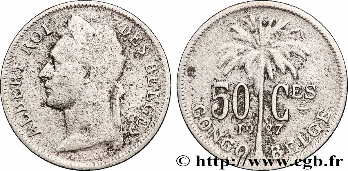 CONGO BELGE 50 Centimes roi Albert légende française 1927 Bruxelles TB