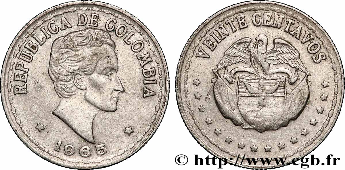 COLOMBIE 20 Centavos Simon Bolivar type grosse date 1965 Bogota TTB