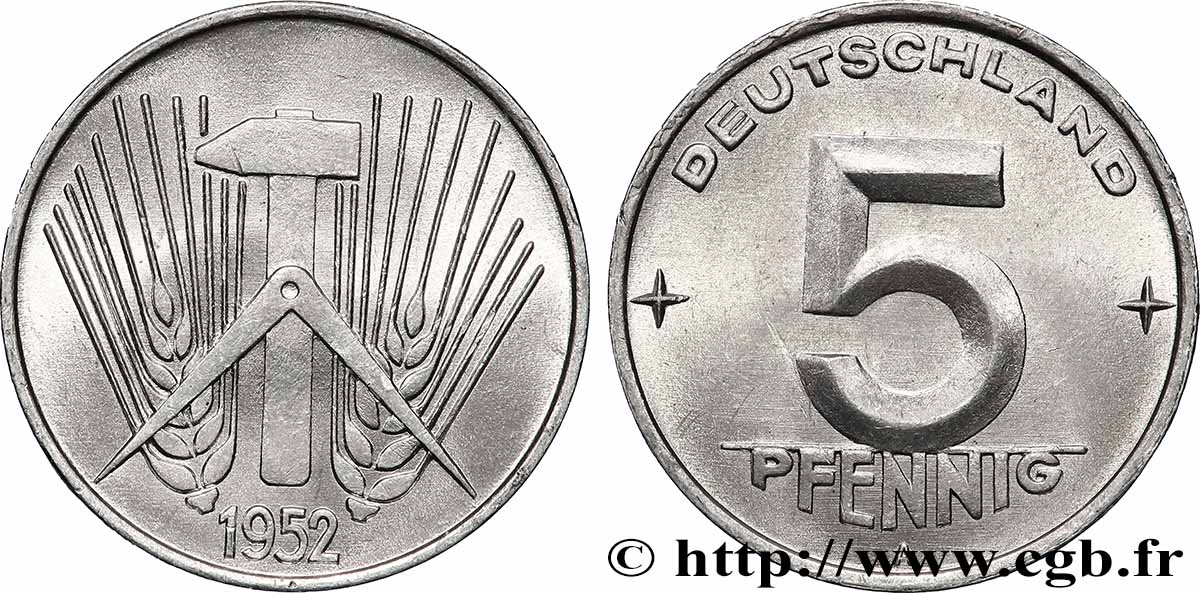 ALLEMAGNE RÉPUBLIQUE DÉMOCRATIQUE 5 Pfennig épis, marteaux et compas type Deutschland 1952 Berlin SUP