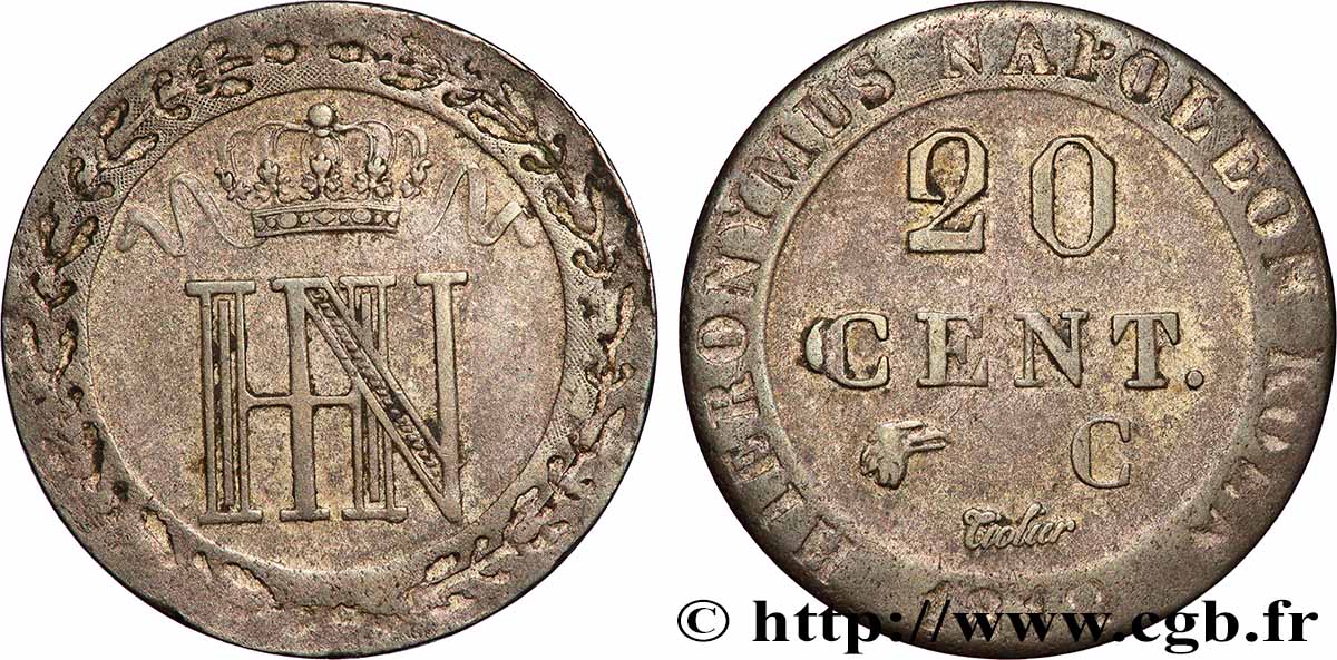 ALLEMAGNE - ROYAUME DE WESTPHALIE 20 Cent. monogramme de Jérôme Napoléon 1812 Cassel - C TTB