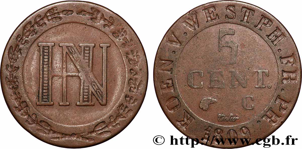 ALLEMAGNE - ROYAUME DE WESTPHALIE 5 Centimes monogramme de Jérôme Napoléon 1809 Cassel TTB