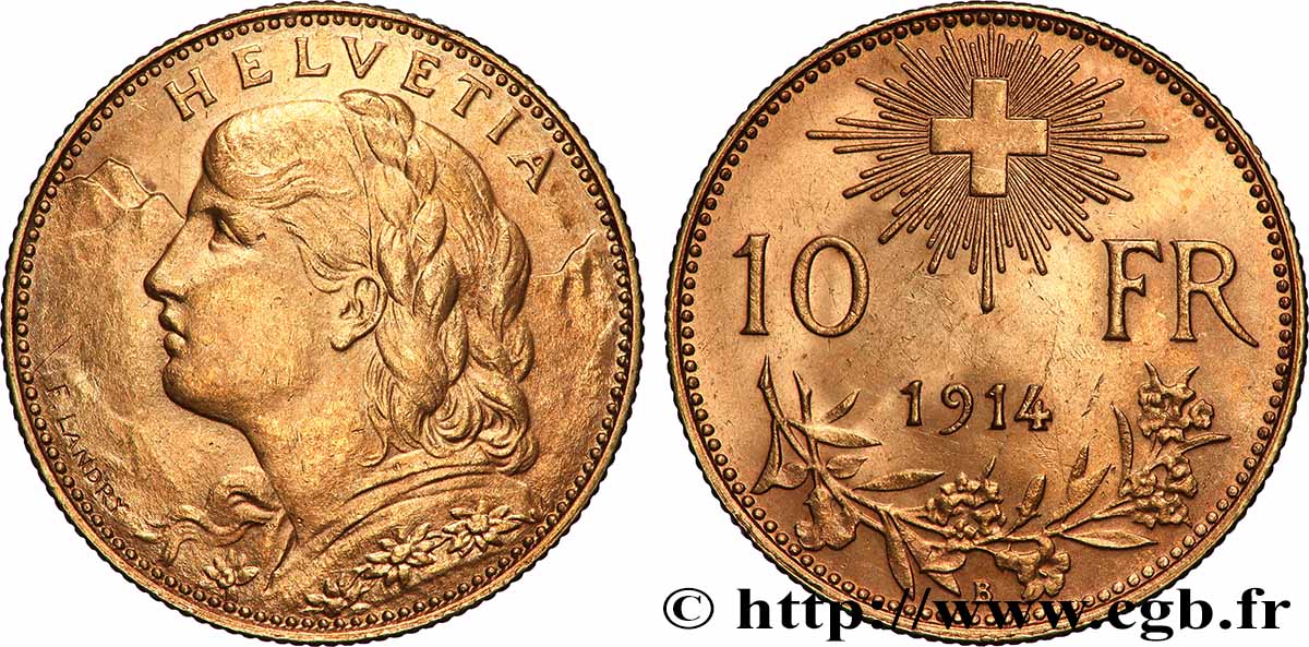 SWITZERLAND 10 Francs Vreneli 1914 Berne AU