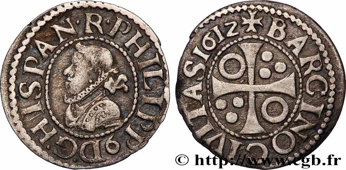 SPAIN - KINGDOM OF SPAIN - PHILIP III 1/2 Real frappe pour Barcelone 1612 Barcelone XF
