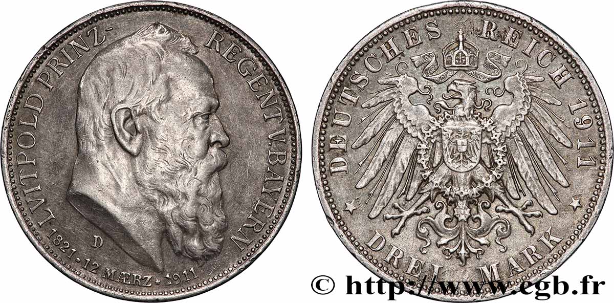 GERMANY - BAVARIA 3 Mark régent Léopold 1911 Munich AU