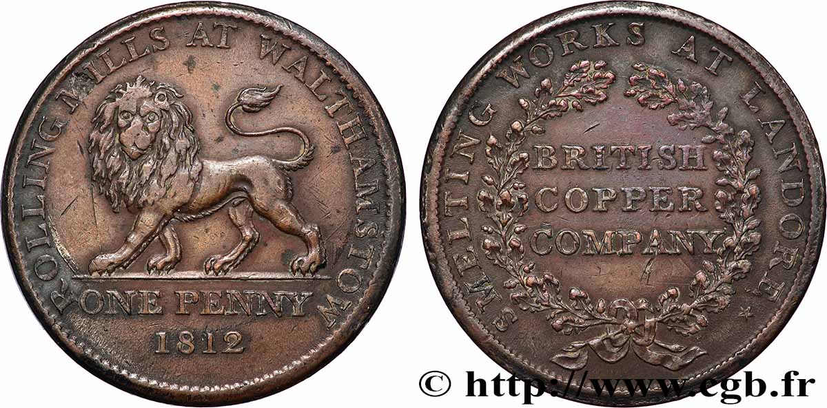 BRITISH TOKENS 1 Penny British Copper Company - laminoirs de Walthamston 1812 XF