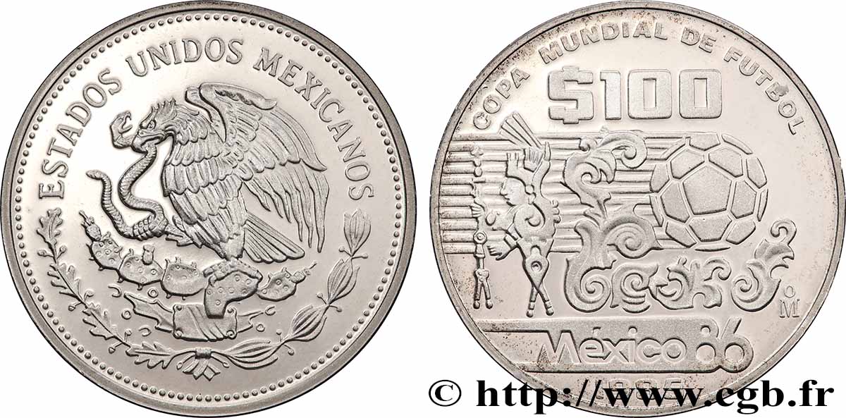 MEXICO 100 Pesos Proof coupe du Monde de football 1986 1985 MS