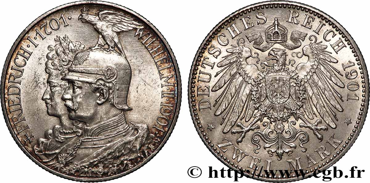 ALEMANIA - PRUSIA 2 Mark Guillaume II 200e anniversaire de la Prusse 1901 Berlin SC
