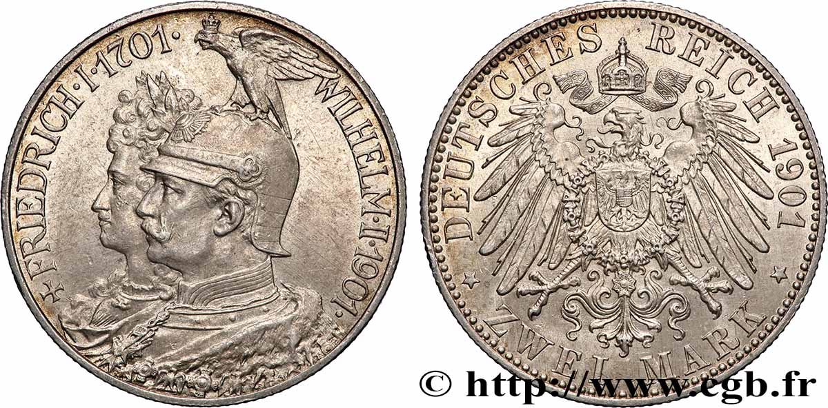 GERMANY - PRUSSIA 2 Mark Guillaume II 200e anniversaire de la Prusse 1901 Berlin AU