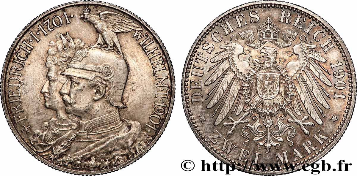 DEUTSCHLAND - PREUßEN 2 Mark Guillaume II 200e anniversaire de la Prusse 1901 Berlin fST