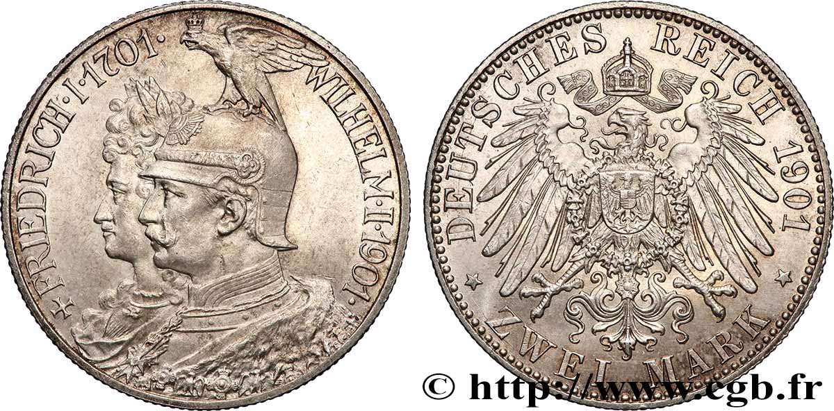ALEMANIA - PRUSIA 2 Mark Guillaume II 200e anniversaire de la Prusse 1901 Berlin SC