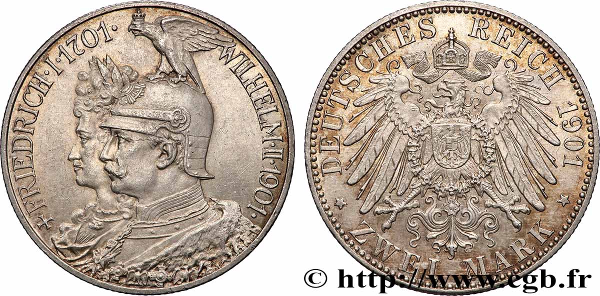 ALEMANIA - PRUSIA 2 Mark Guillaume II 200e anniversaire de la Prusse 1901 Berlin EBC