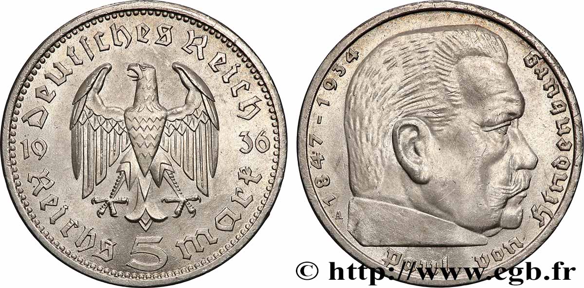 GERMANY 5 Reichsmark Maréchal Paul von Hindenburg 1936 Berlin AU