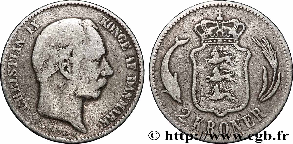 DENMARK 2 Kroner Christian IX 1876 Copenhague VF