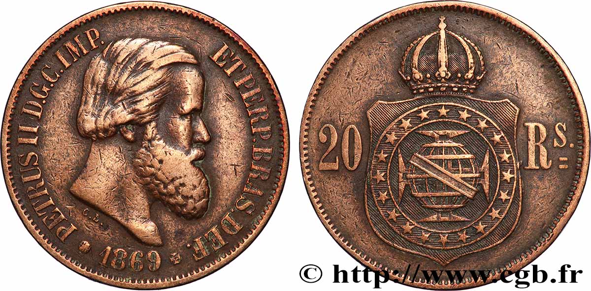 BRÉSIL 20 Réis Pierre II 1869 Rio de Janeiro TTB