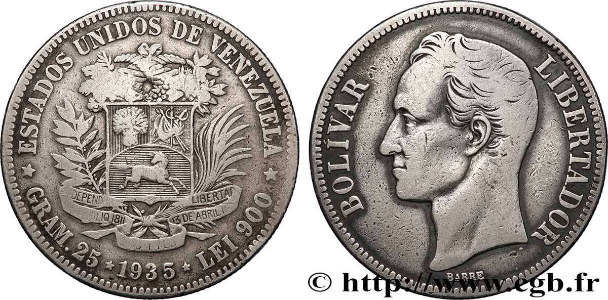 VENEZUELA 5 Bolivares Simon Bolivar 1935 Philadelphie TB+