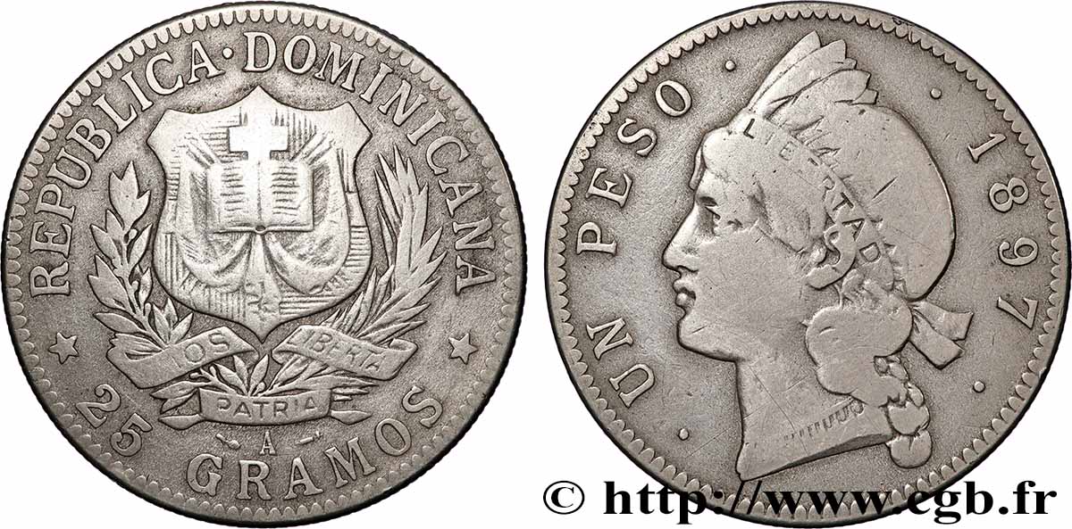 RÉPUBLIQUE DOMINICAINE 1 Peso emblème / princesse tainos 1897 Philadelphie TB