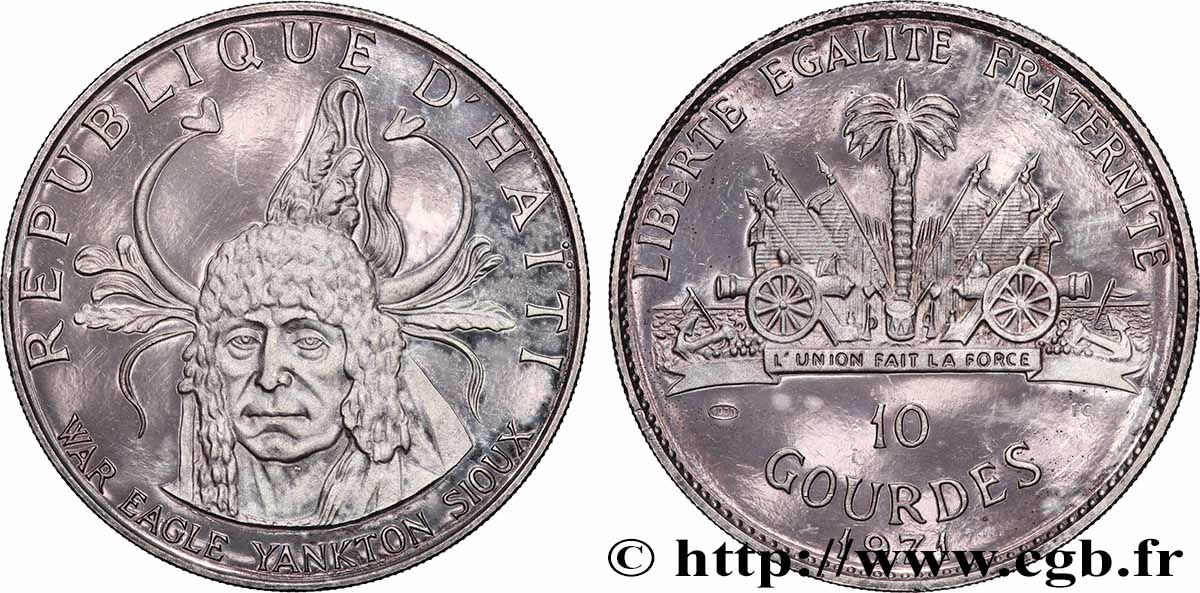 HAITI 10 Gourdes Proof War Eagle Yankton Sioux 1971 fST