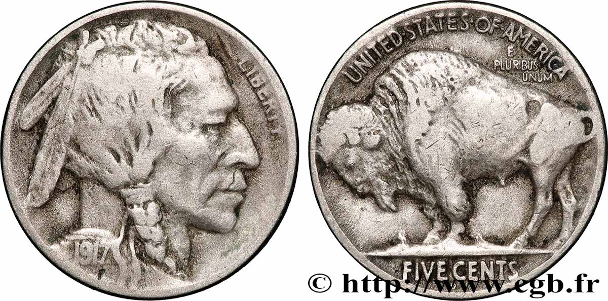 UNITED STATES OF AMERICA 5 Cents Tête d’indien ou Buffalo 1917 Philadelphie XF