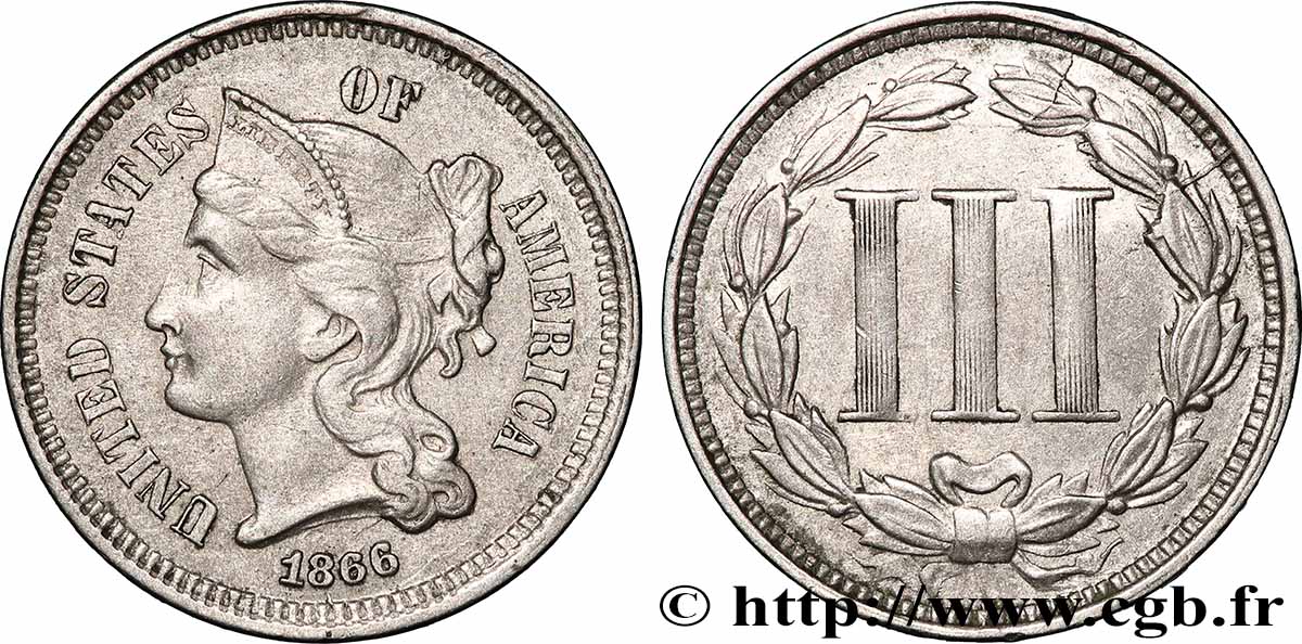 UNITED STATES OF AMERICA 3 Cents 1866 Philadelphie XF