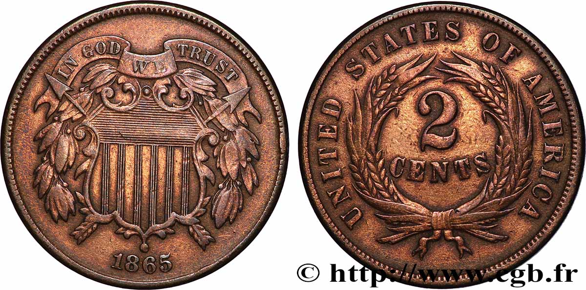 UNITED STATES OF AMERICA 2 Cents Bouclier 1865 Philadelphie VF