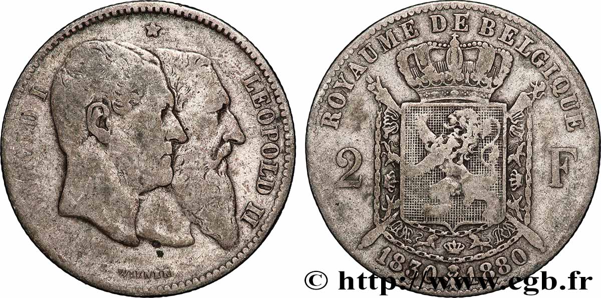 BELGIUM - KINGDOM OF BELGIUM - LEOPOLD II 2 Francs 50e anniversaire de l’indépendance 1880 Bruxelles VF