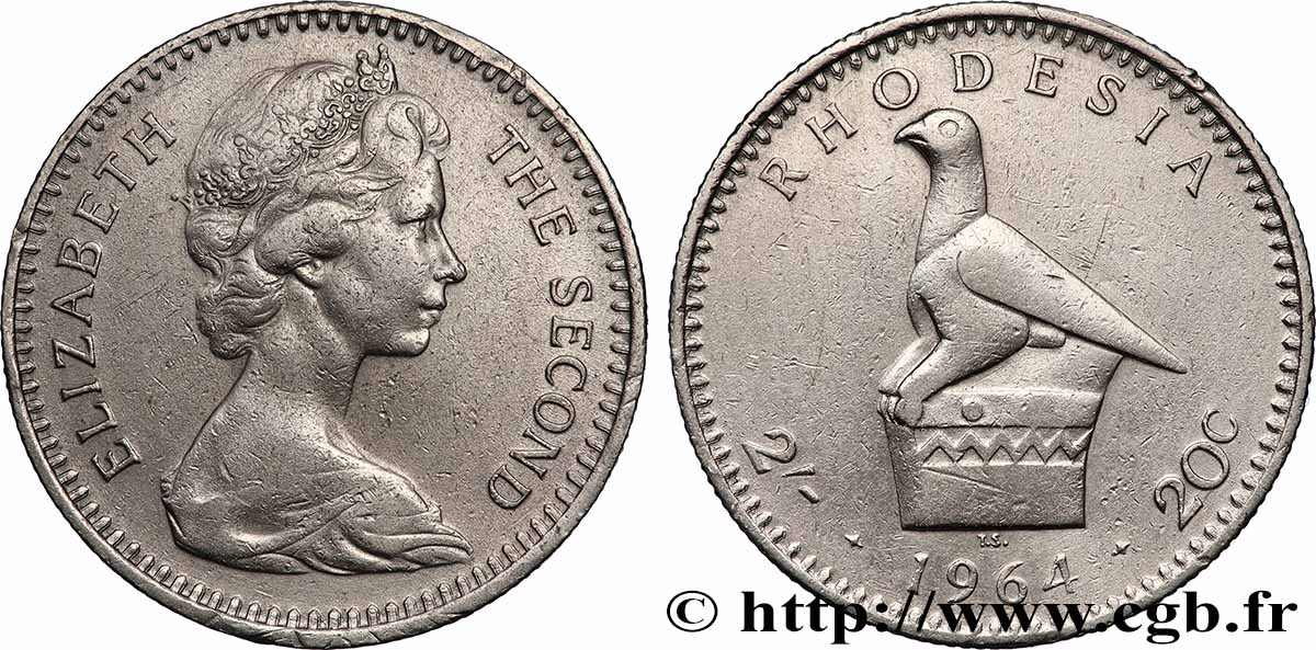 RHODÉSIE 2 Shillings (20 Cents) Elisabeth II 1964 Pretoria TTB