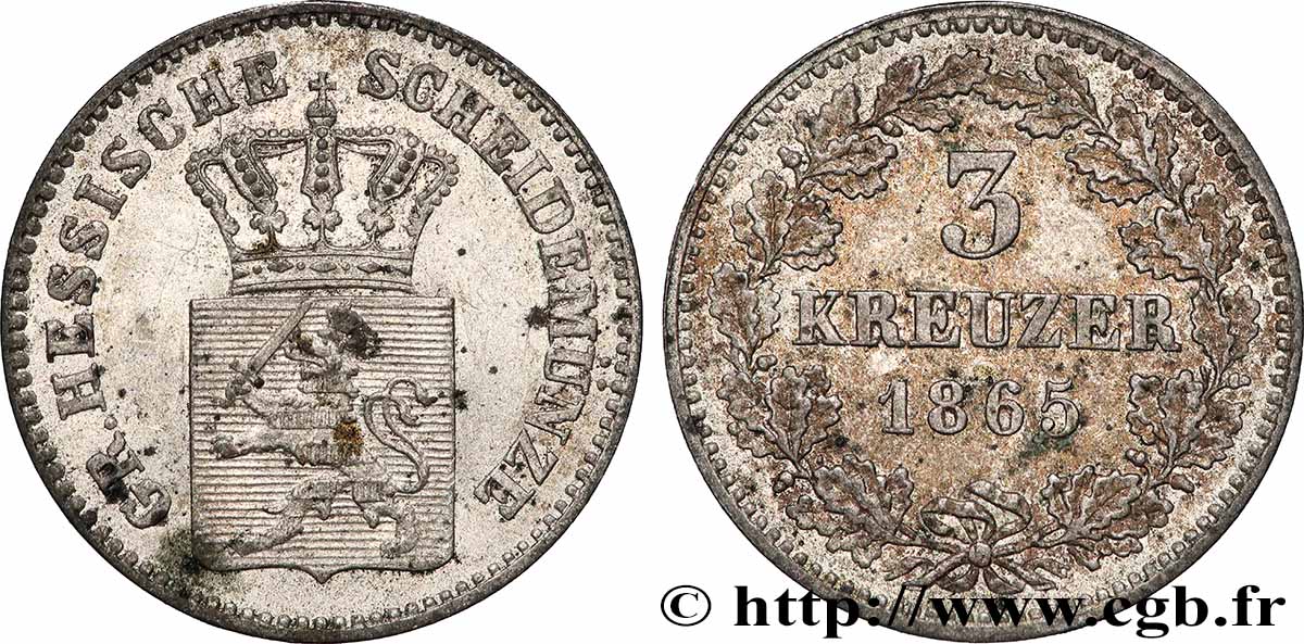 ALLEMAGNE - HESSE 3 Kreuzer Hesse-Darmstadt 1865 SUP