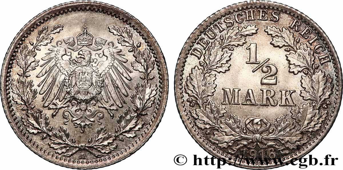 GERMANY 1/2 Mark Empire aigle impérial 1916 Berlin MS