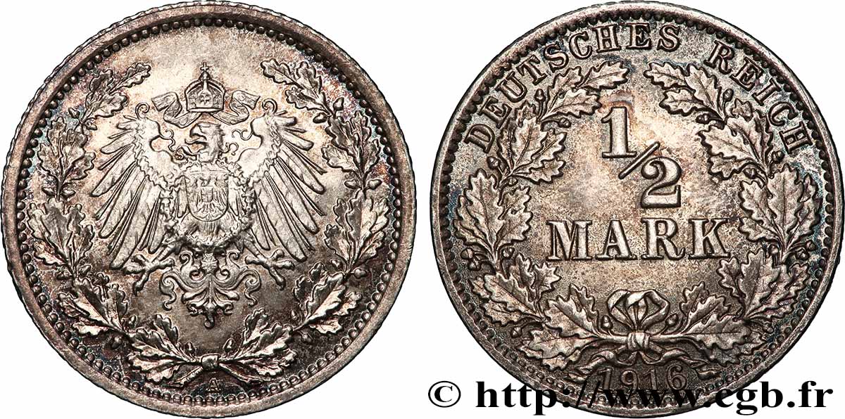 GERMANY 1/2 Mark Empire aigle impérial 1916 Berlin MS