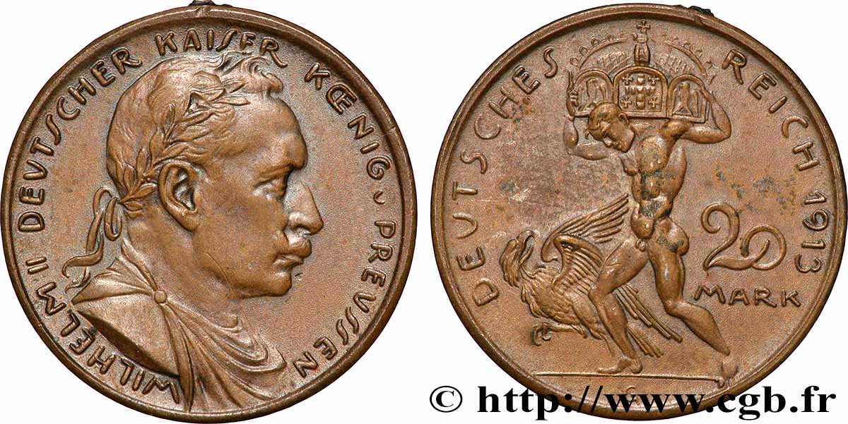 GERMANY - KINGDOM OF PRUSSIA - WILLIAM II 20 Mark, Essai en bronze 1913 AU