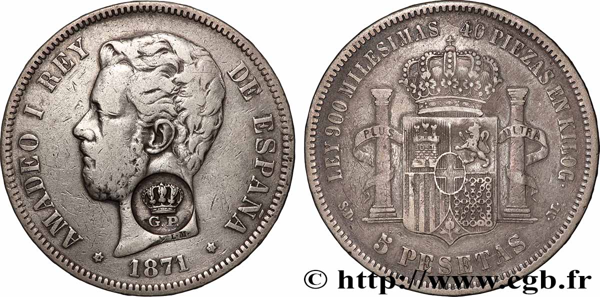 SPAIN 5 Pesetas Amédée Ier, contremarque GP 1871 Madrid VF