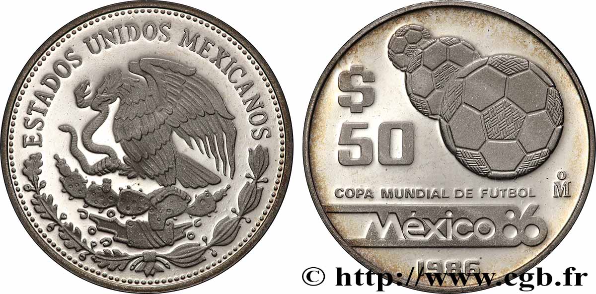 MEXICO 50 Pesos Proof Coupe du Monde de football 1986 MS