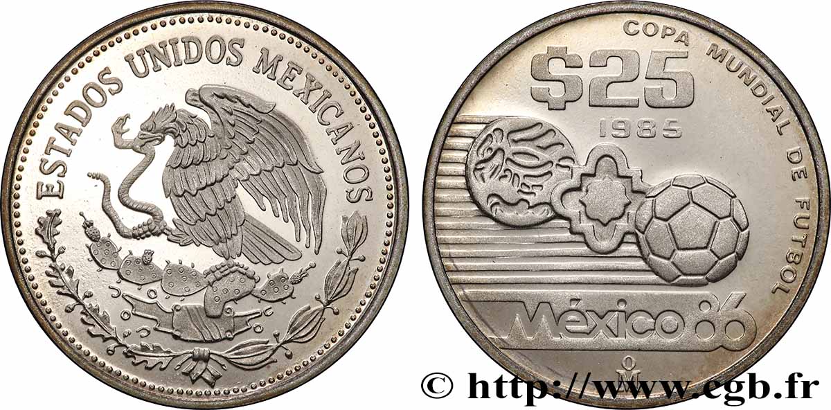 MEXICO 25 Pesos Proof coupe du Monde de football 1986 1985 Mexico MS