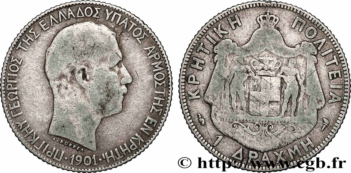 CRETE 1 Drachme Georges Ier 1901 Paris VF