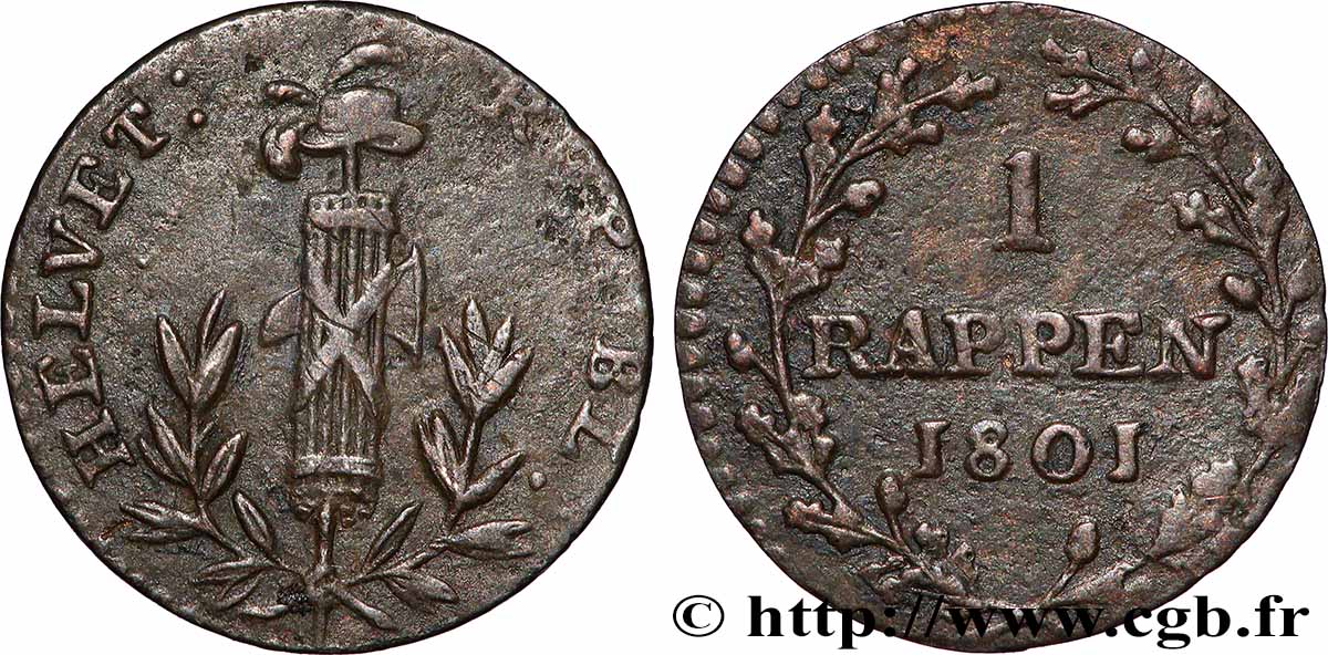SWITZERLAND - HELVETIC REPUBLIC 1 Rappen République Helvétique 1801 XF