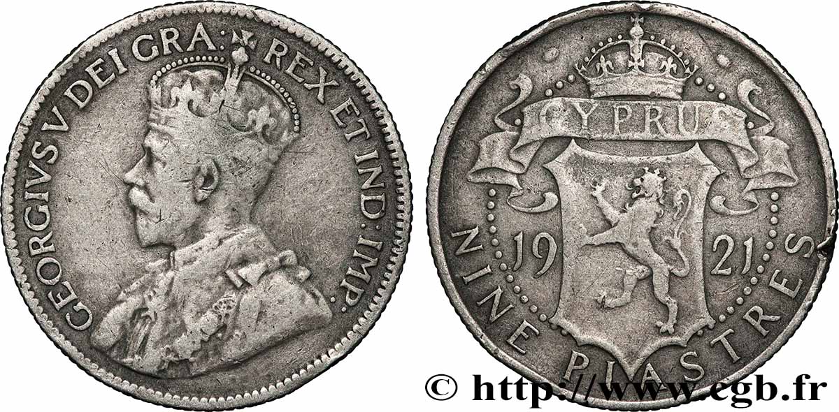 CHYPRE 9 Piastres Georges V / armes couronnée 1921 TB+