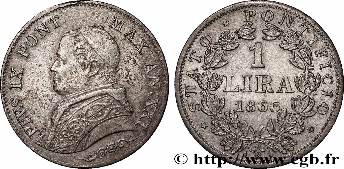 VATICAN AND PAPAL STATES 1 Lira Pie IX type petit buste an XXI 1866 Rome XF