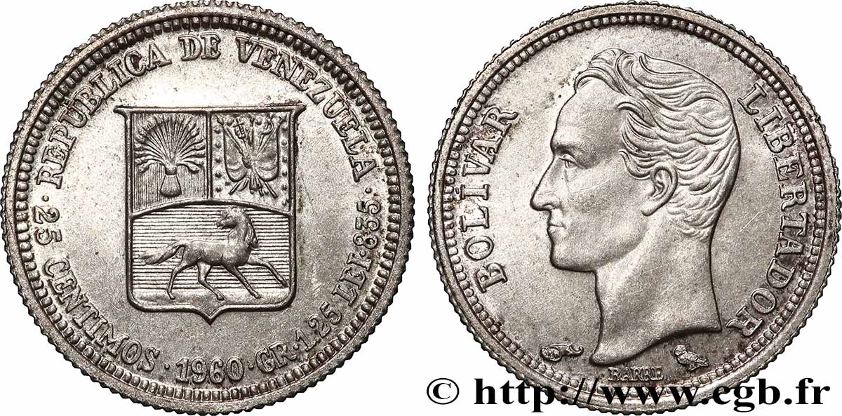 VENEZUELA 25 Centimos Simon Bolivar 1960 Paris AU