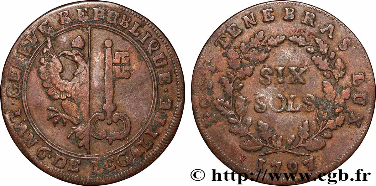 SWITZERLAND - REPUBLIC OF GENEVA 6 Sols Deniers - République de Genève 1797 VF