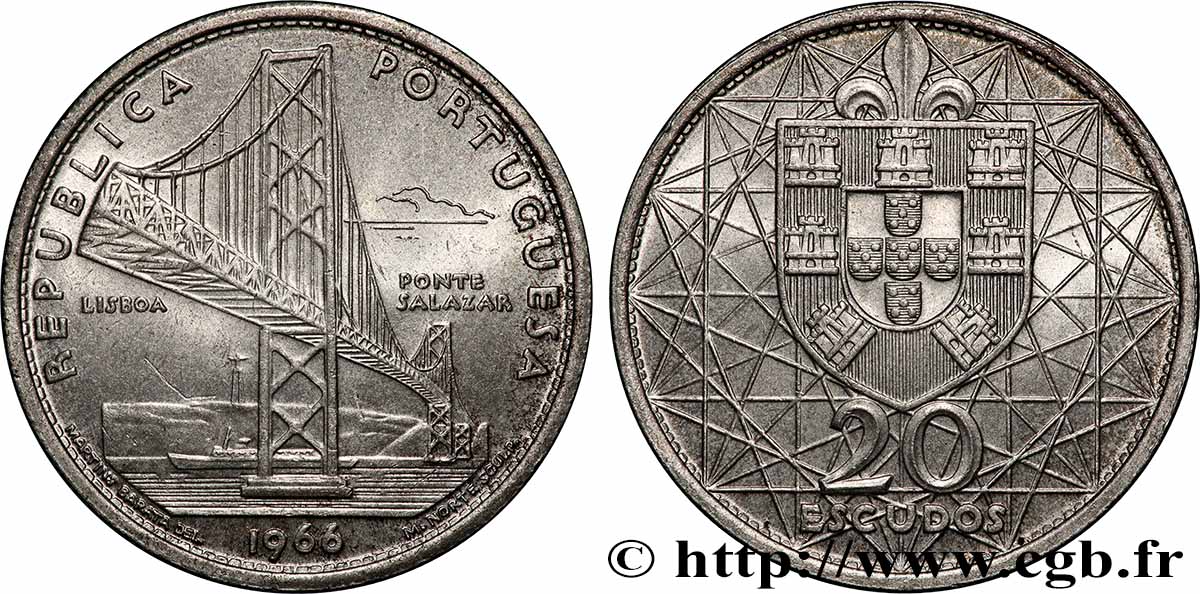 PORTUGAL 20 Escudos Pont Salazar de Lisbonne 1966 Lisbonne AU