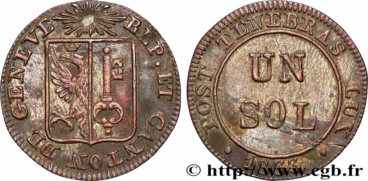 SUISSE - RÉPUBLIQUE DE GENÈVE 1 Sol 1833 TTB