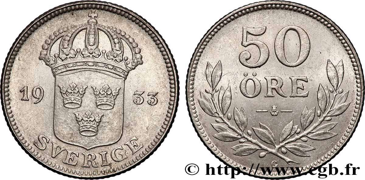SWEDEN 50 Ore écu couronné 1933 AU