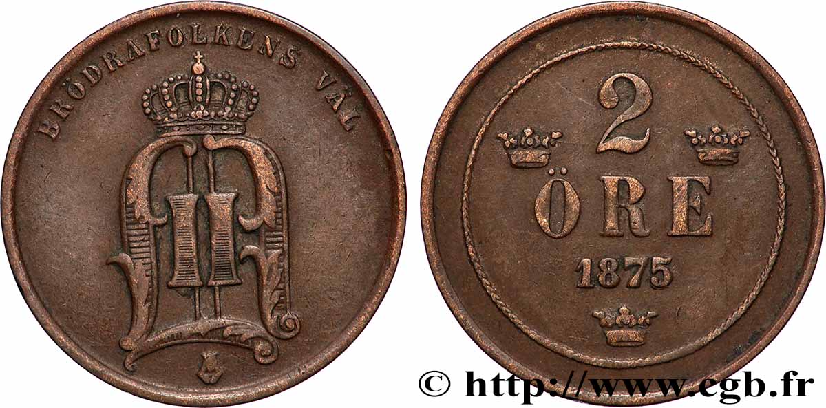 SWEDEN 2 Ore Oscar II 1875 XF