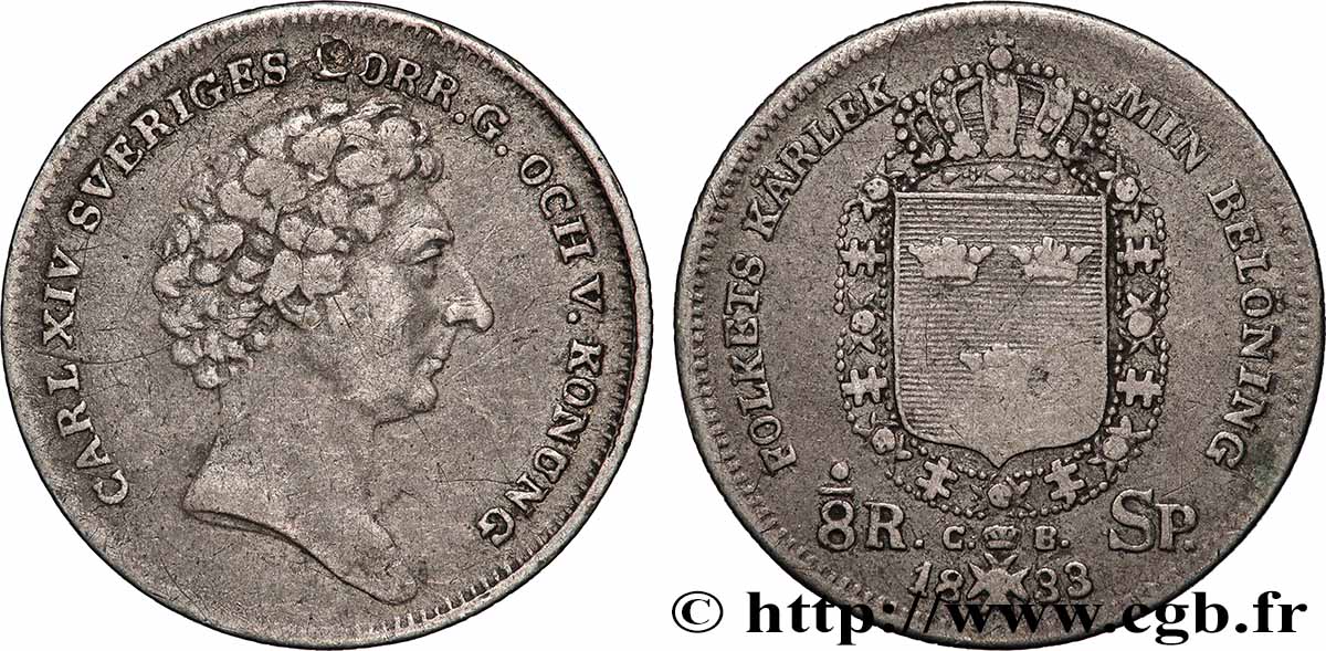 SWEDEN 1/8 Riksdaler Charles XIV 1833 XF