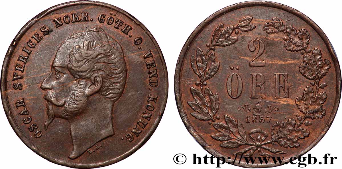 SWEDEN 2 Ore Oscar Ier 1857 XF